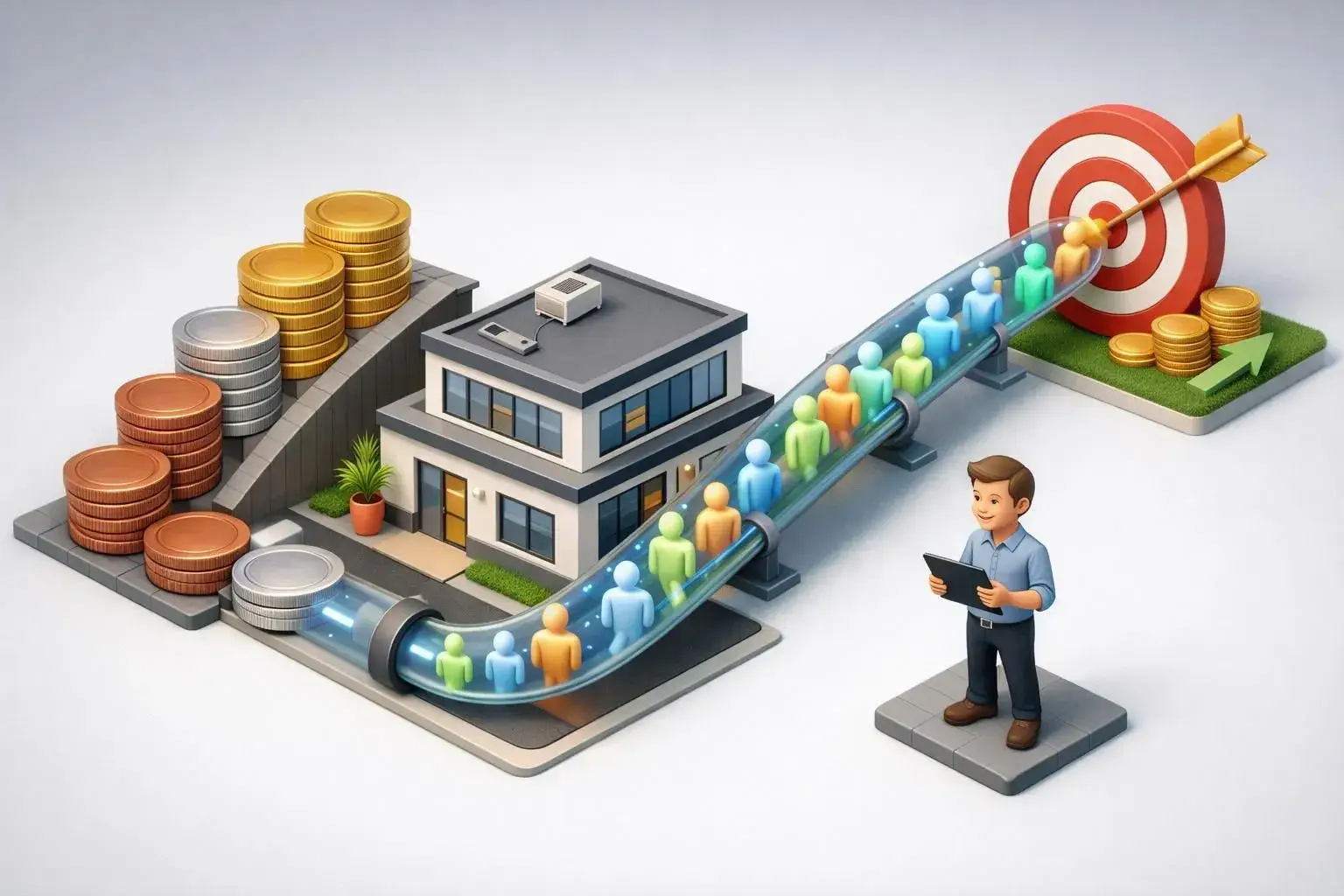 Image isométrique 3D ludique: coût agence acquisition leads. Budget marketing, génération de prospects optimisée.