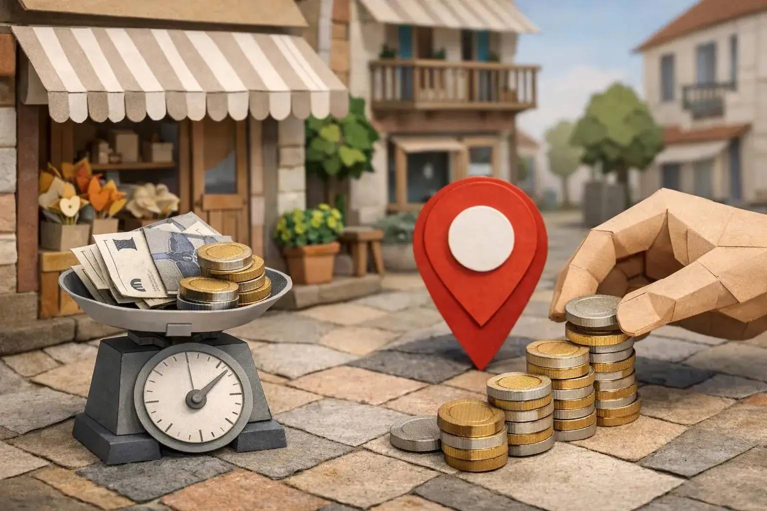 Combien coûte une campagne Google Ads locale? Illustration paper craft des coûts pour artisans et commerçants.