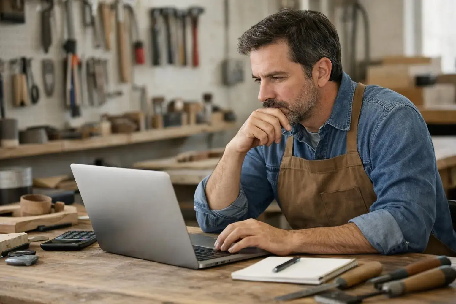 A small French artisan business owner reviewing digital advertising costs on a laptop screen showing Google Ads campaign dashboard with graphs and performance metrics, sitting in a workshop environment with tools visible in background, realistic photography style capturing concentration and decision-making moment