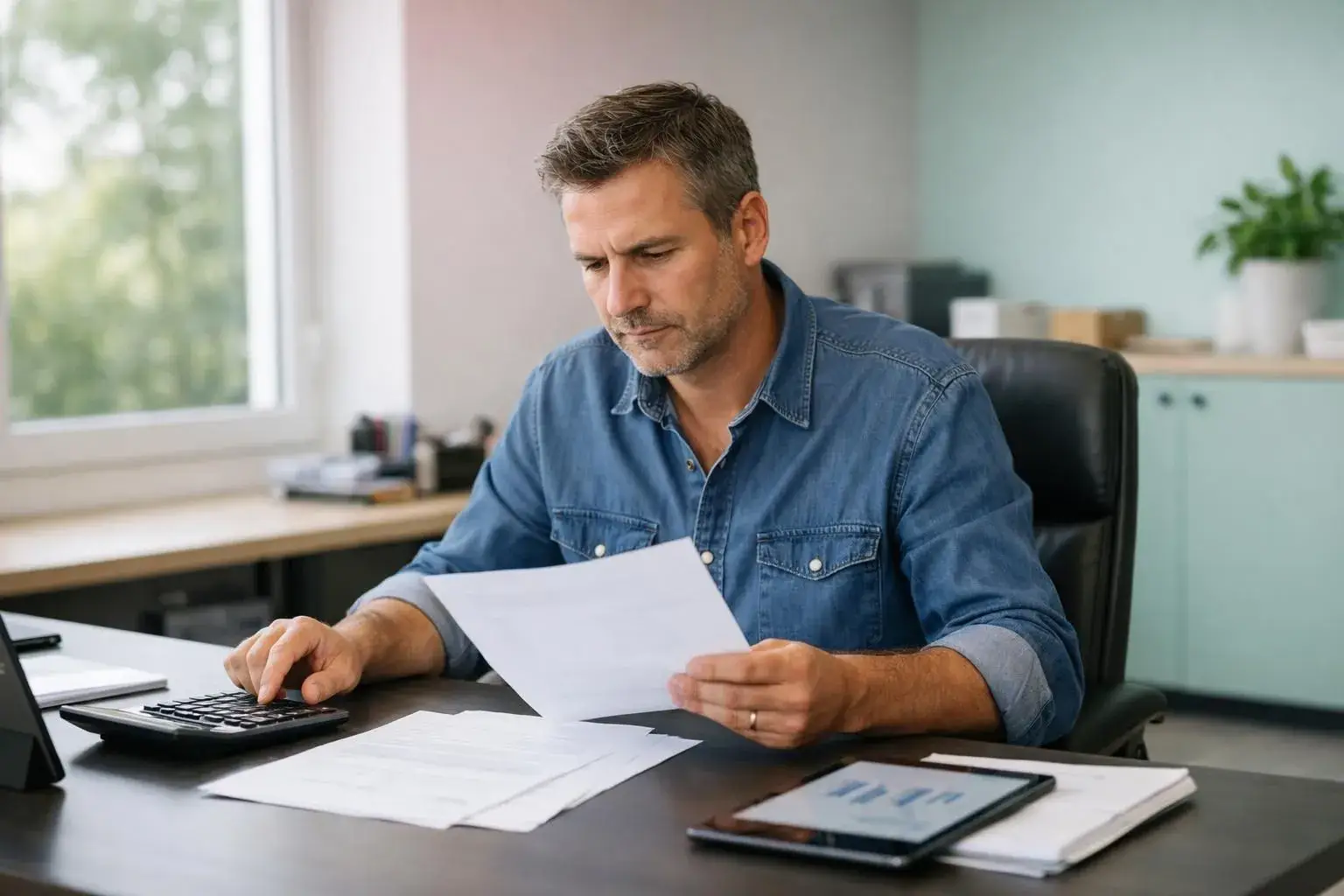 French artisan business owner sitting at desk reviewing four different contract documents with pricing sheets, calculator and tablet displaying graphs, professional office setting with natural lighting