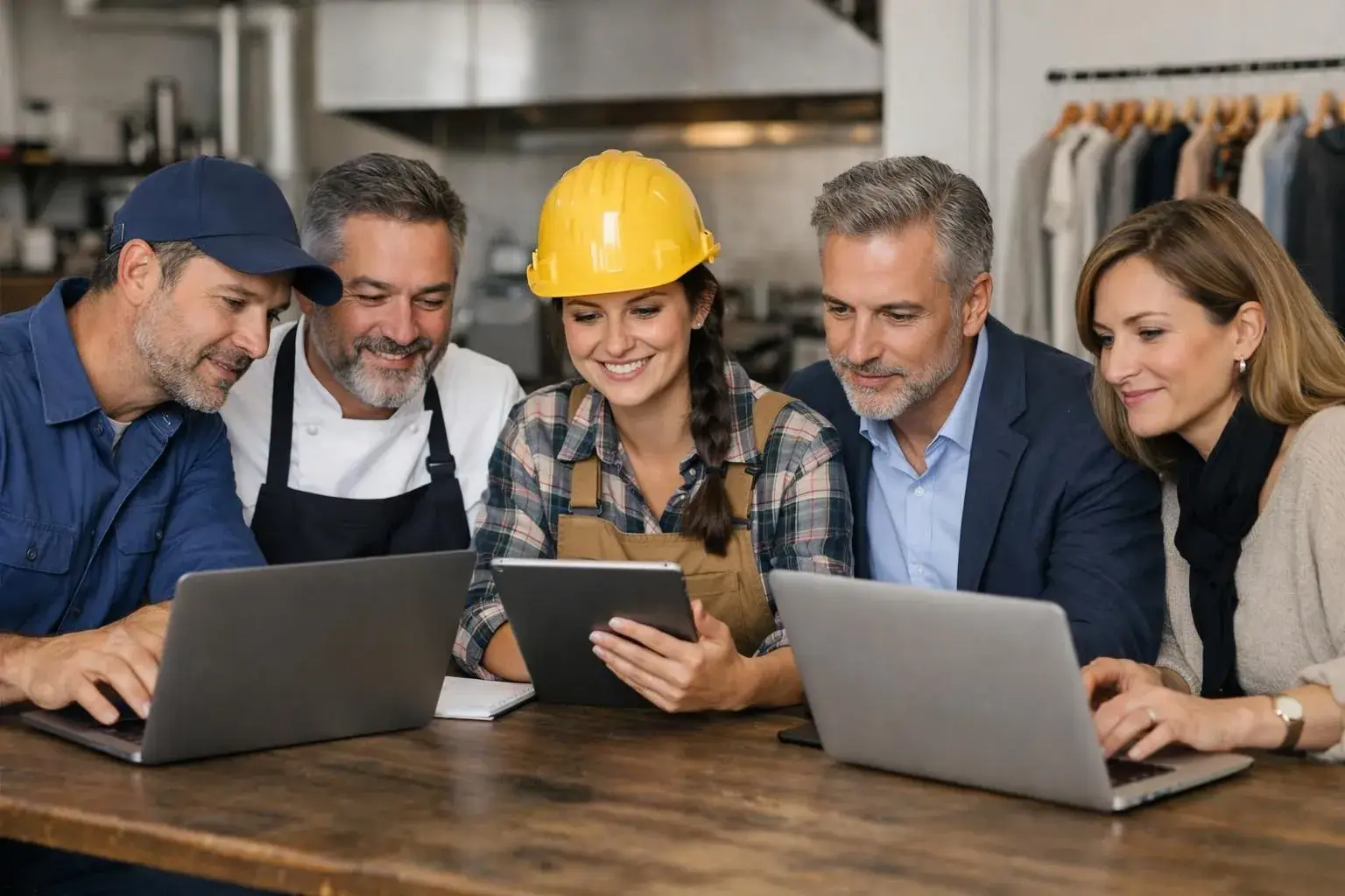 A split-screen realistic photograph showing five different local business owners checking their Google Ads campaign results on their computers or tablets - a plumber in work clothes, a restaurant manager in a kitchen, a construction worker at a job site, a professional consultant in an office, and a retail shop owner behind a counter - each displaying genuine reactions while reviewing their advertising costs and performance metrics on their screens in their actual work environments