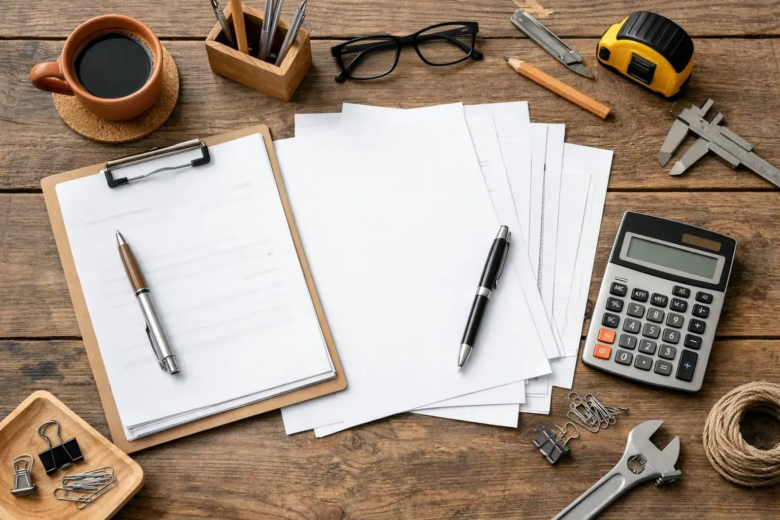 Artisan at desk with calculator and financial documents, reviewing business metrics and ROI calculations in modern workshop office setting