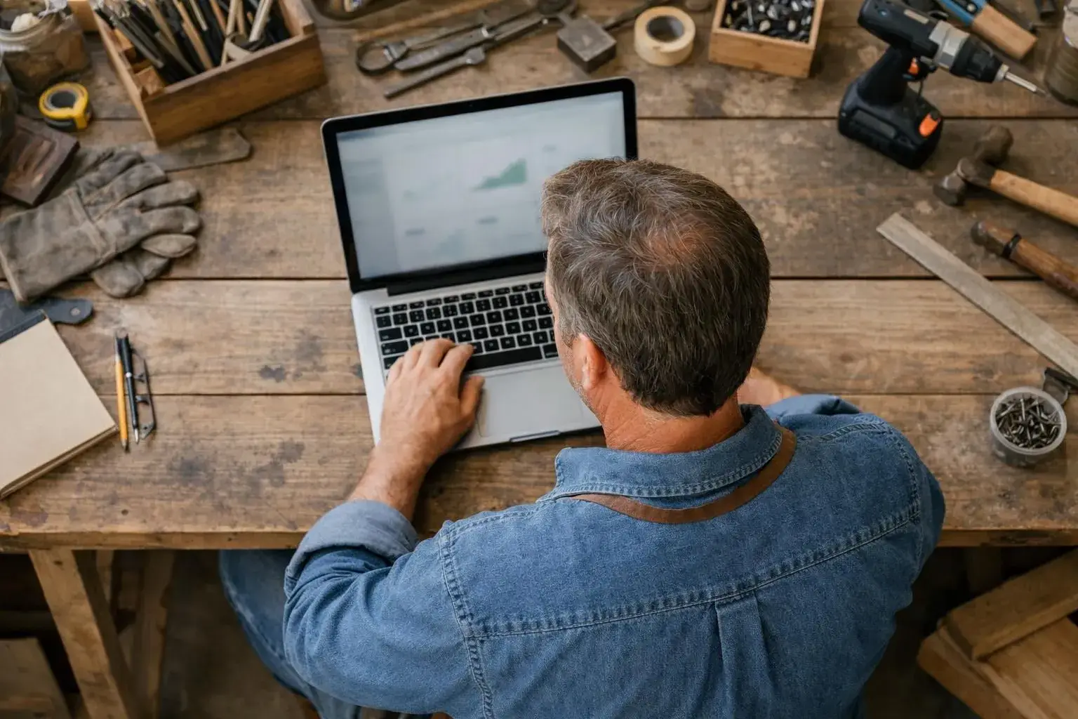 A small local business owner sitting at a laptop reviewing Google Ads dashboard with rising quality score graphs and decreasing cost metrics, warm office setting with artisan workshop tools visible in background