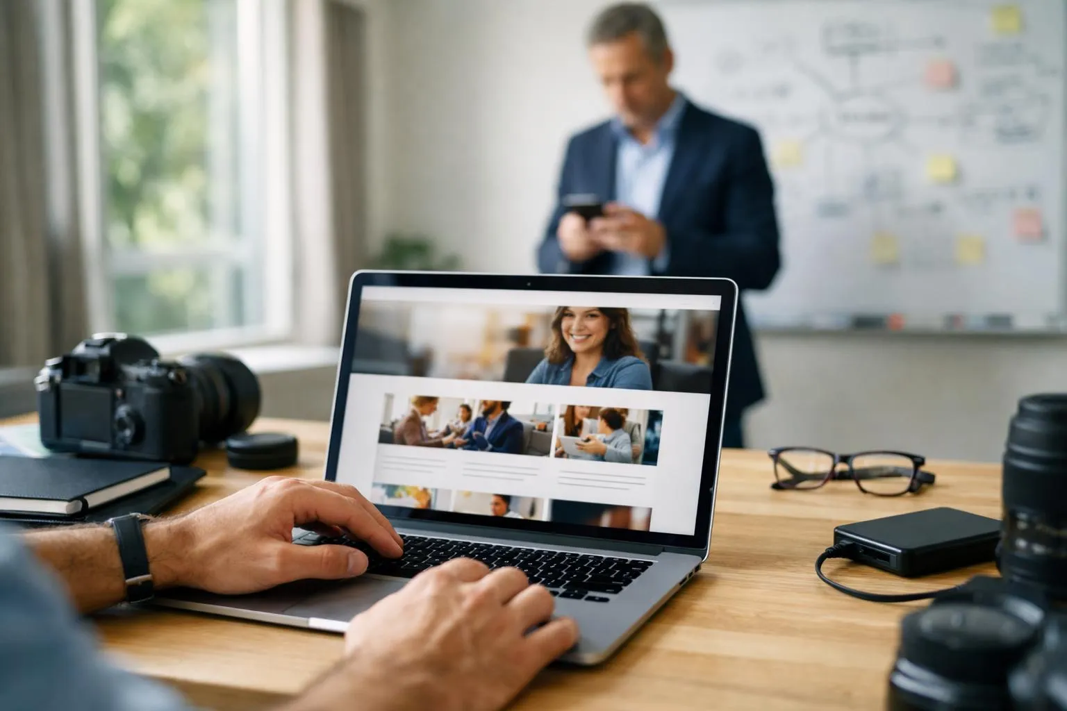 "Coût création landing page conversion - Un homme d'affaires consultant un ordinateur portable affichant une landing page réu