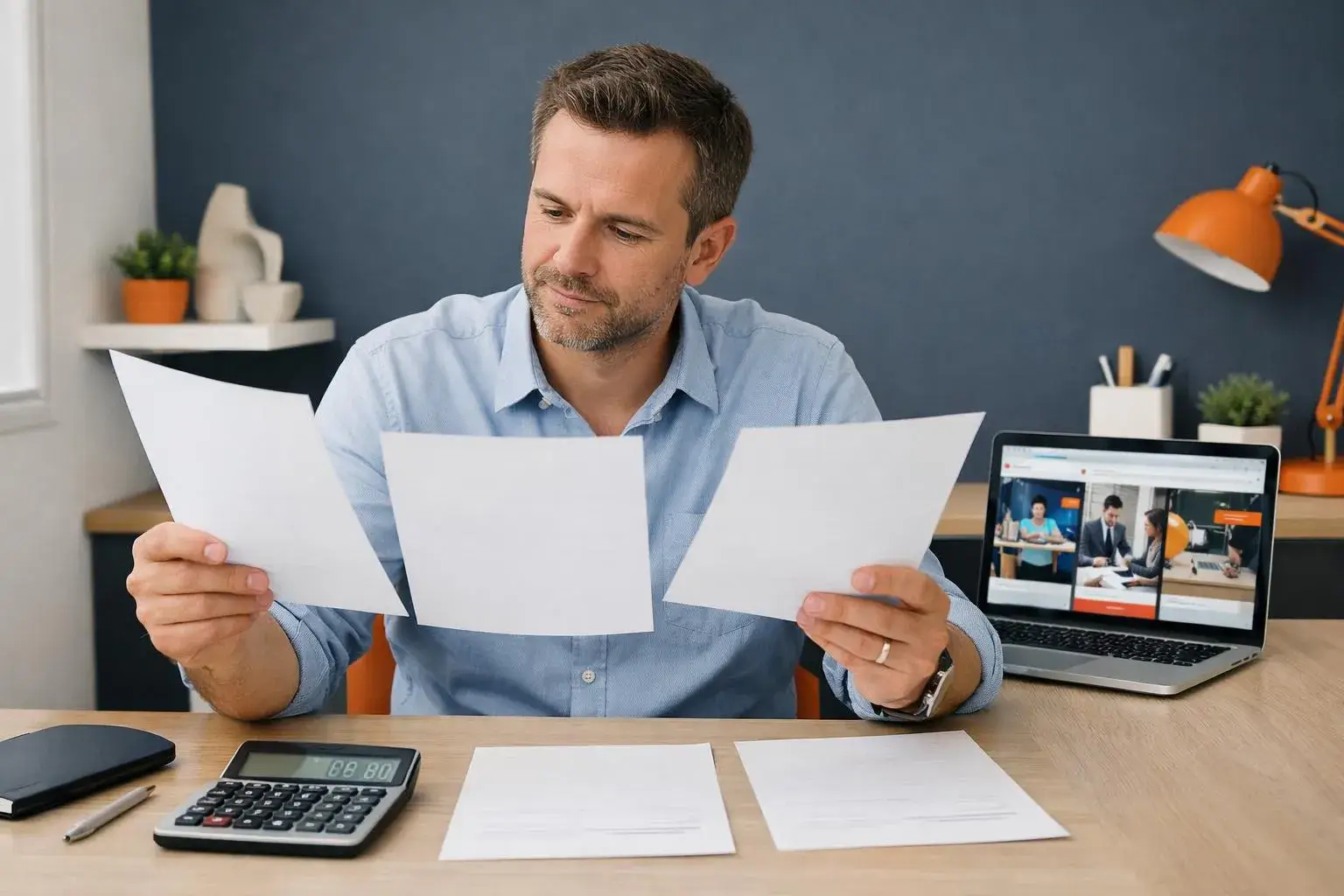 Small business owner at desk comparing three different marketing agency proposals with pricing documents, calculator showing euro amounts, and laptop displaying agency websites in modern office setting