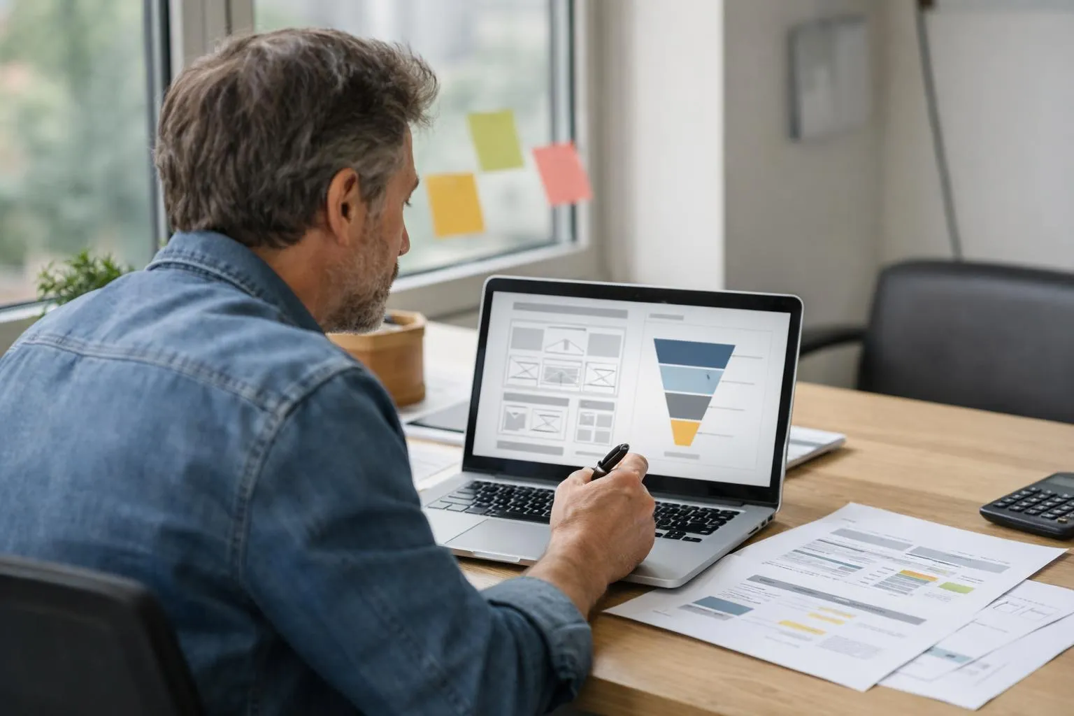 Digital marketing professional at modern office desk analyzing landing page wireframes and conversion funnel diagrams on laptop screen with smartphone showing analytics dashboard, workspace has sticky notes with conversion rate metrics and pricing strategy sheets visible, natural lighting from window, professional business environment for artisans and local business owners reviewing landing page costs