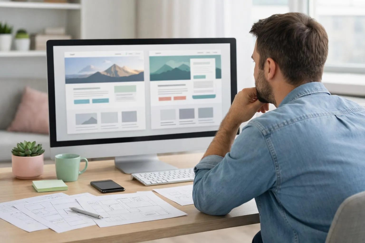 Professional web designer in modern French office reviewing multiple landing page mockups on large computer screens, with sketches and wireframes visible on desk, natural daylight through windows, showing detailed comparison of page layouts and conversion elements, realistic photography style, business environment