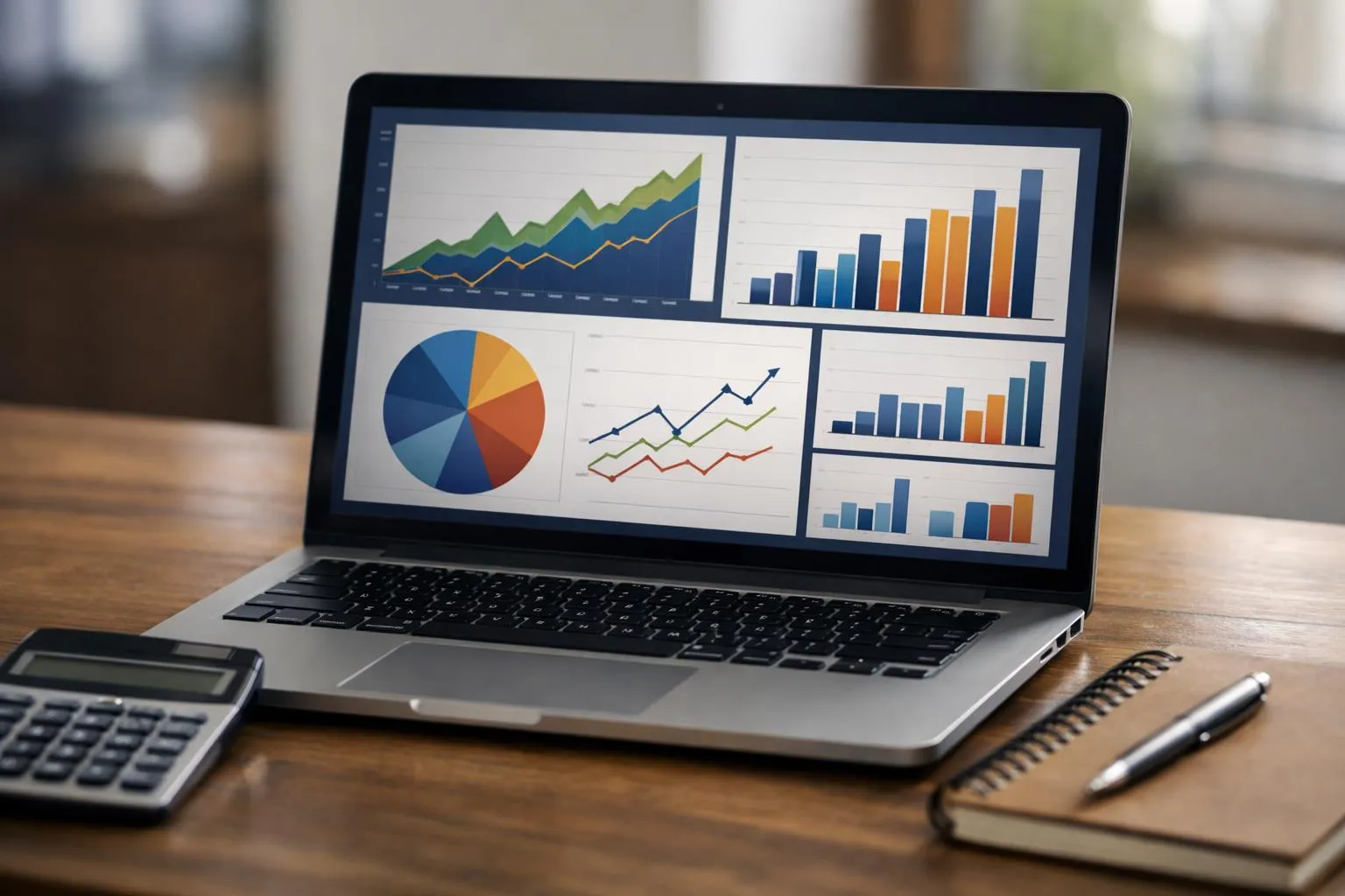 Small business owner at desk reviewing laptop screen displaying colorful analytics dashboard with upward trending graphs and positive growth metrics, natural office lighting, professional setting with calculator and notebook nearby