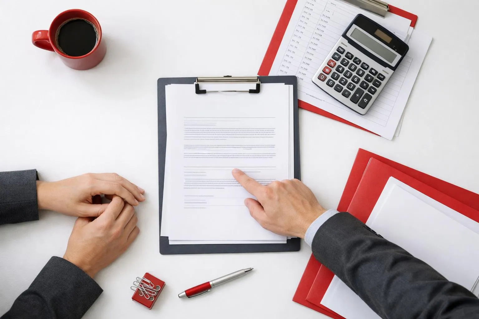 Small business owner at desk reviewing contract documents with concerned expression while agency representative points to hidden clauses on paper, realistic office setting with visible price sheets and calculator, no text or numbers visible in image